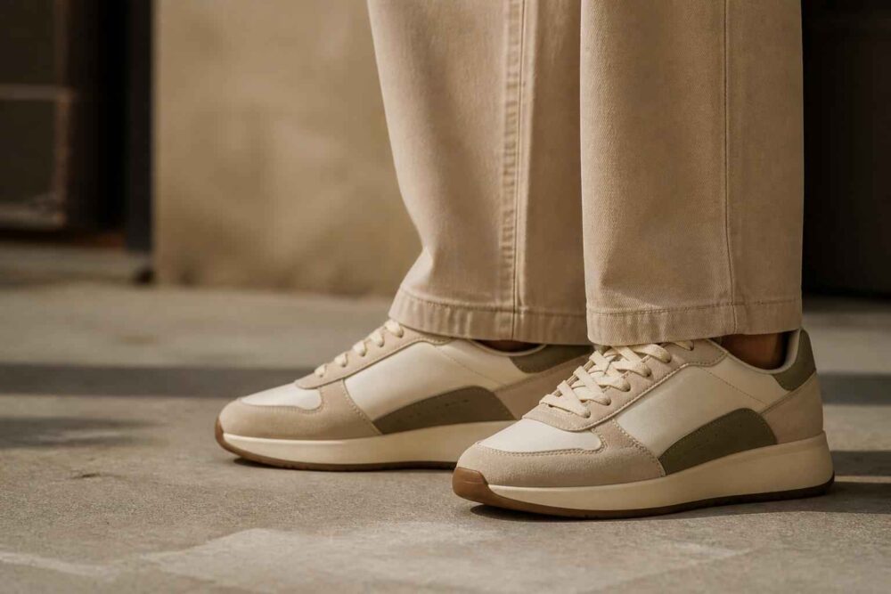 Beżowe sneakersy na nogach osoby ubranej w jasne spodnie, stojącej na betonowej podłodze