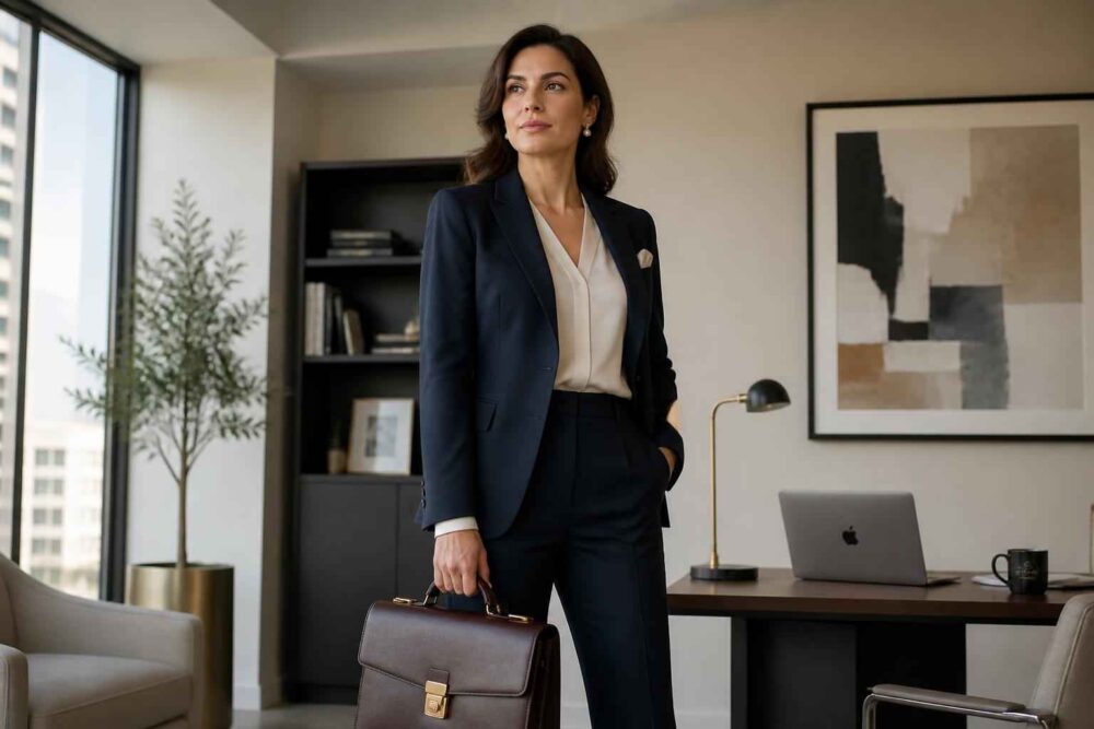 Elegancka bizneswoman w granatowym garniturze trzyma aktówkę w nowoczesnym biurze przy biurku z laptopem