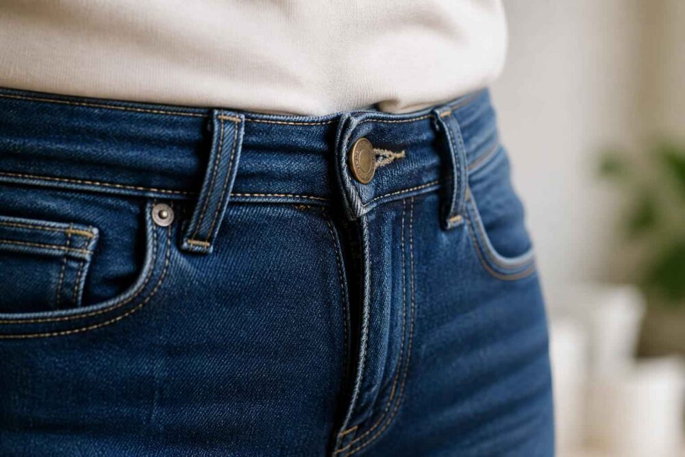 Zbliżenie na zapięcie i kieszenie ciemnoniebieskich jeansów