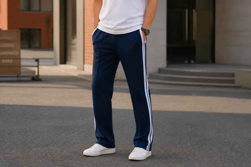 Mężczyzna w granatowych spodniach dresowych i białych sneakersach przed budynkiem