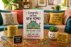 Kartka Congrats on Your New Home na stole z kubkiem, sukulentem i dekoracjami w salonie