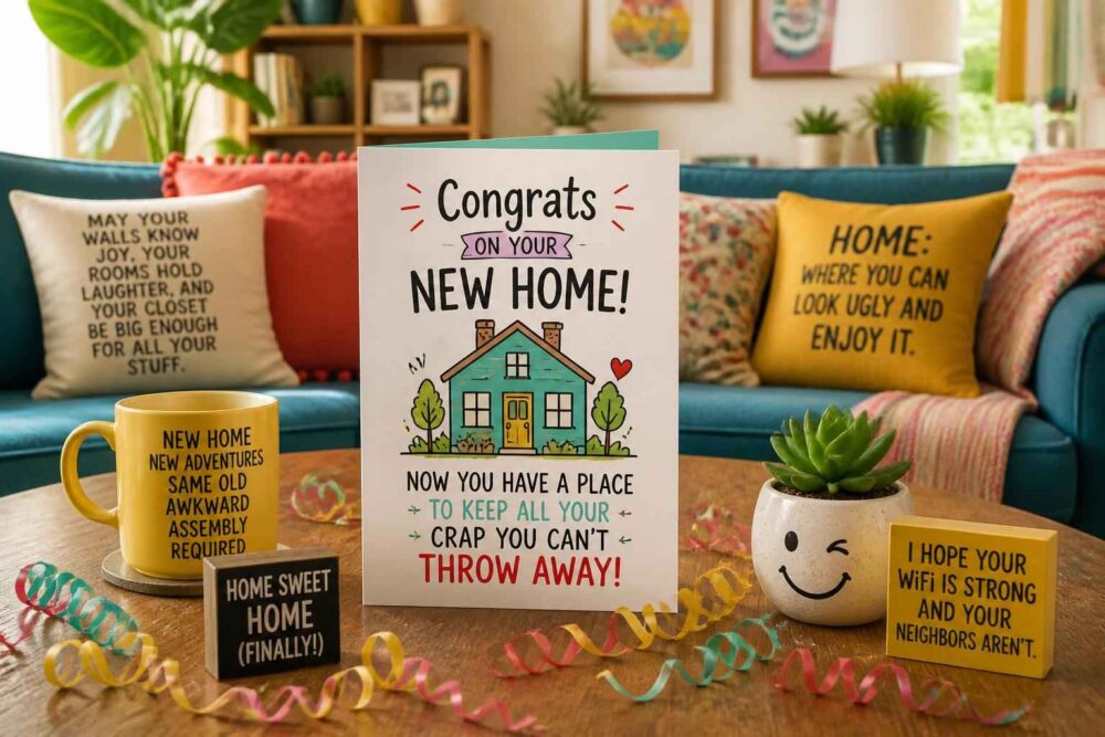 Kartka Congrats on Your New Home na stole z kubkiem, sukulentem i dekoracjami w salonie