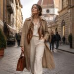 Kobieta w beżowym płaszczu spaceruje ulicą Florencji z katedrą w tle