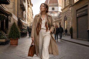 Kobieta w beżowym płaszczu spaceruje ulicą Florencji z katedrą w tle