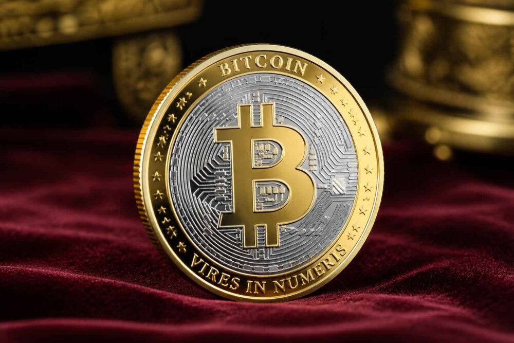 Moneta Bitcoin na aksamitnym tle Złota moneta Bitcoin stojąca na bordowym aksamicie z rozmytymi monetami w tle
