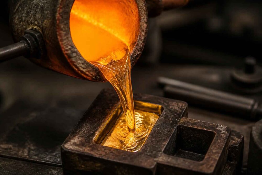 Strumień rozgrzanego metalu wlewany z tygla do metalowej formy odlewniczej