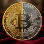Złota moneta Bitcoin z symbolem BTC na czerwonej tkaninie