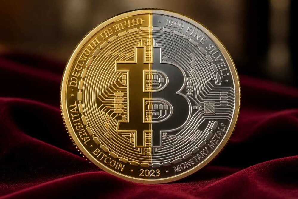 Złota moneta Bitcoin z symbolem BTC na czerwonej tkaninie